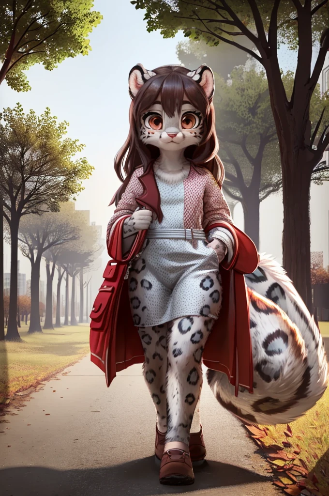 (very detailed illustration: 1.2), best quality, masterpiece, solo, natural lighting, An young anthro female snow leopard with brown eyes, she has snow leopard fur un all her body, she is dressed in casual clothes, she is in a big bright city, she is in a park where there are trees, she is on a gray gravel road walking.