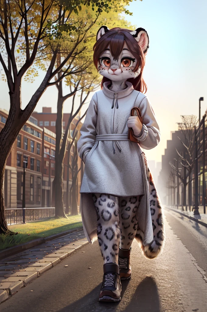 (very detailed illustration: 1.2), best quality, masterpiece, solo, natural lighting, An young anthro female snow leopard with brown eyes, she has snow leopard fur un all her body, she is dressed in casual clothes, she is in a big bright city, she is in a park where there are trees, she is on a gray gravel road walking.