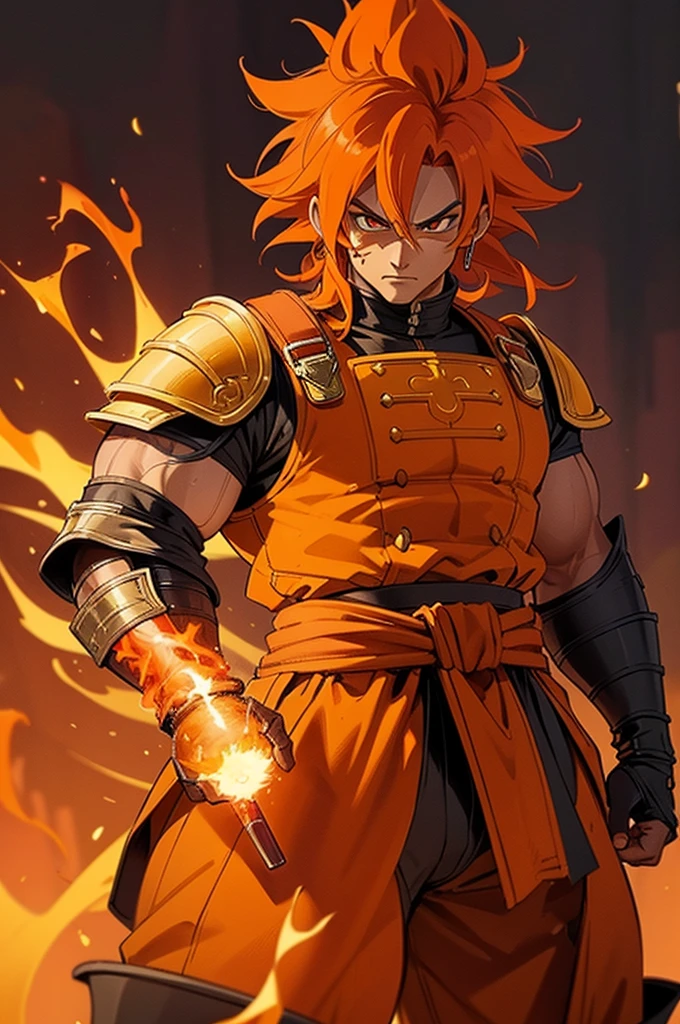 Tanned male with long, thick orange saiyan hair, wearing heavy orange armour plating, wearing red feathers around his waist, with flame tattoos on their face, in fantasy style