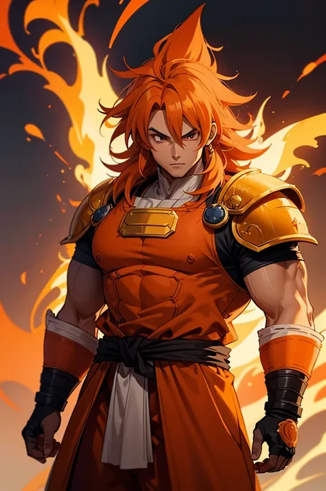 tanned male with long, thick orange saiyan hair, wearing heavy orange armour plating, wearing red feathers around his waist, wit...