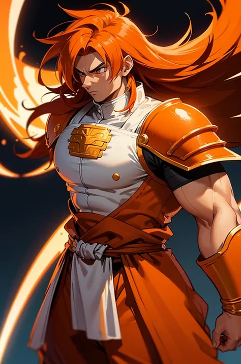 tanned male with long, thick orange saiyan hair, wearing heavy orange armour plating, wearing red feathers around his waist, in ...