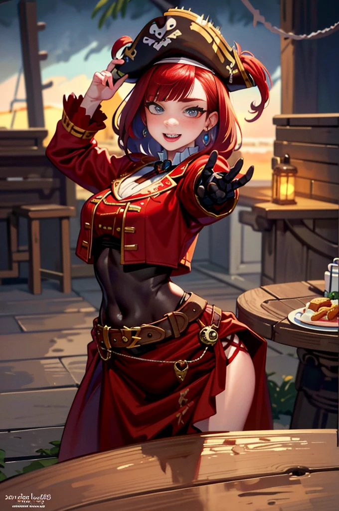 （8K qualityginger woman with freckles,Lovely and beautiful Fas,frekles 28 year old,Red hair,double tails, Practical pirate clothing, (Long-sleeved pirate top), Skirt,Torn pirate hat, view the viewer, fantasy, Cinematic lighting,Masterpiece,Extremely beautiful young lady，perfect body figure，Proud of your figure，Nice face，Correct human dissection