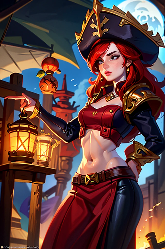 8K qualityginger woman with freckles,Lovely and beautiful Fas,frekles 28 year old,Red hair,double tails, Practical pirate clothing, (Long-sleeved pirate top), Skirt,Torn pirate hat, view the viewer, fantasy, Cinematic lighting,Masterpiece,Extremely beautiful young lady，perfect body figure，Proud of your figure，Nice face，Correct human dissection