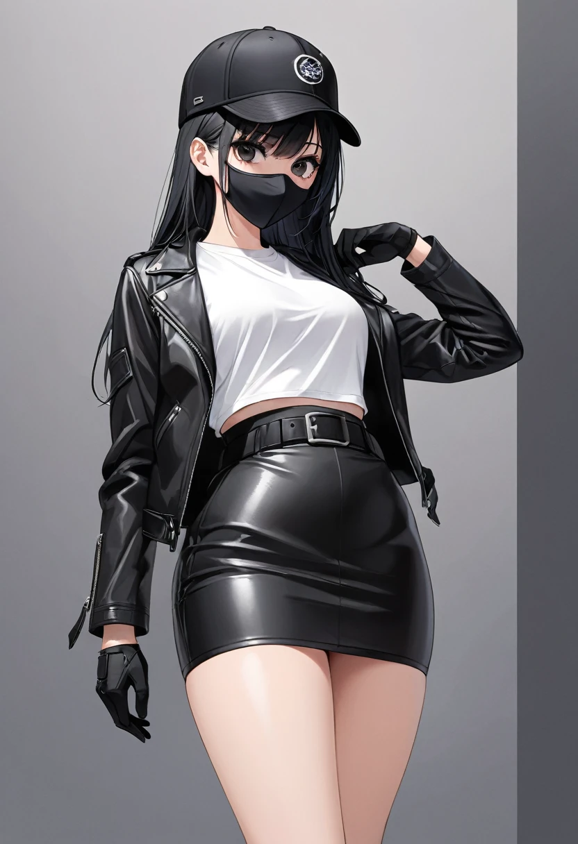 Black miniskirt , Black sneakers , white t-shirt , Black leather jacket , pencil skirt , Leather skirt , whole body , thighs , black hair , black eyes , straight hair , black ball cap , long sleeves , bare legs , face , close up , Black gloves , standing posture , black mask , waist belt