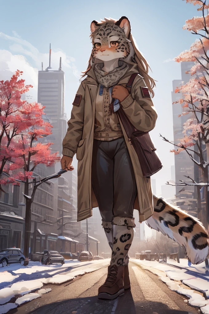 (very detailed illustration: 1.2), best quality, masterpiece, solo, natural lighting, An young anthro female snow leopard with brown eyes, she has snow leopard fur un all her body, she is dressed in casual clothes, she is in a big bright city, she is in a park where there are trees, she is on a gray gravel road walking.