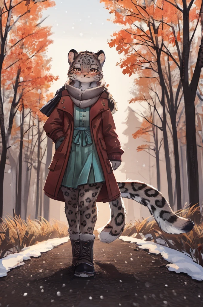 (very detailed illustration: 1.2), best quality, masterpiece, solo, natural lighting, An young anthro female snow leopard with brown eyes, she has snow leopard fur un all her body, she is dressed in casual clothes, she is in a big bright city, she is in a park where there are trees, she is on a gray gravel road walking.