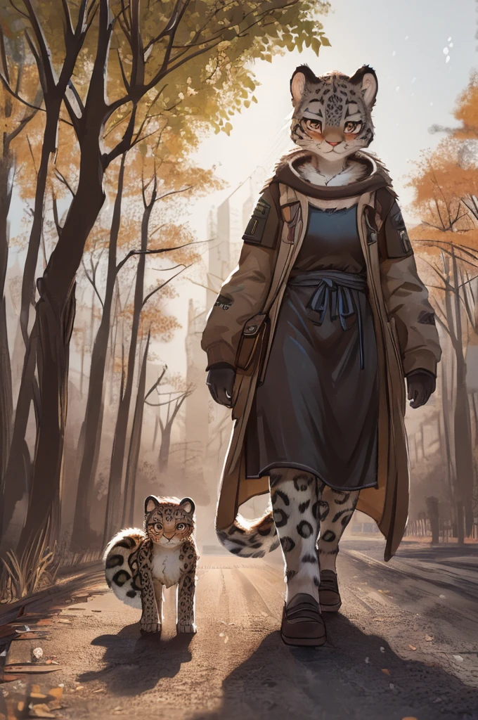 (very detailed illustration: 1.2), best quality, masterpiece, solo, natural lighting, An young anthro female snow leopard with brown eyes, she has snow leopard fur un all her body, she is dressed in casual clothes, she is in a big bright city, she is in a park where there are trees, she is on a gray gravel road walking.