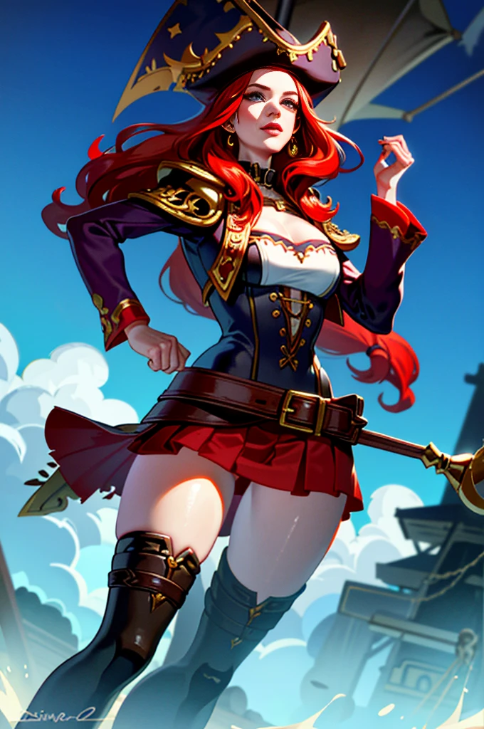 8K quality, ginger woman with freckles,Lovely and beautiful Fas,frekles 28 year old,Red hair,double tails, Practical pirate clothing, (Long-sleeved pirate top), Skirt,Torn pirate hat, view the viewer, fantasy, Cinematic lighting,Masterpiece,Extremely beautiful young lady，perfect body figure，Proud of your figure，Nice face，Correct human dissection