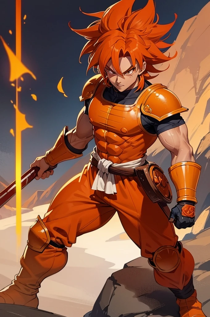 Tanned, athletic male with long, orange saiyan hair, not too muscular, wearing orange armour plating, wearing red feathers around his waist, in fantasy style,