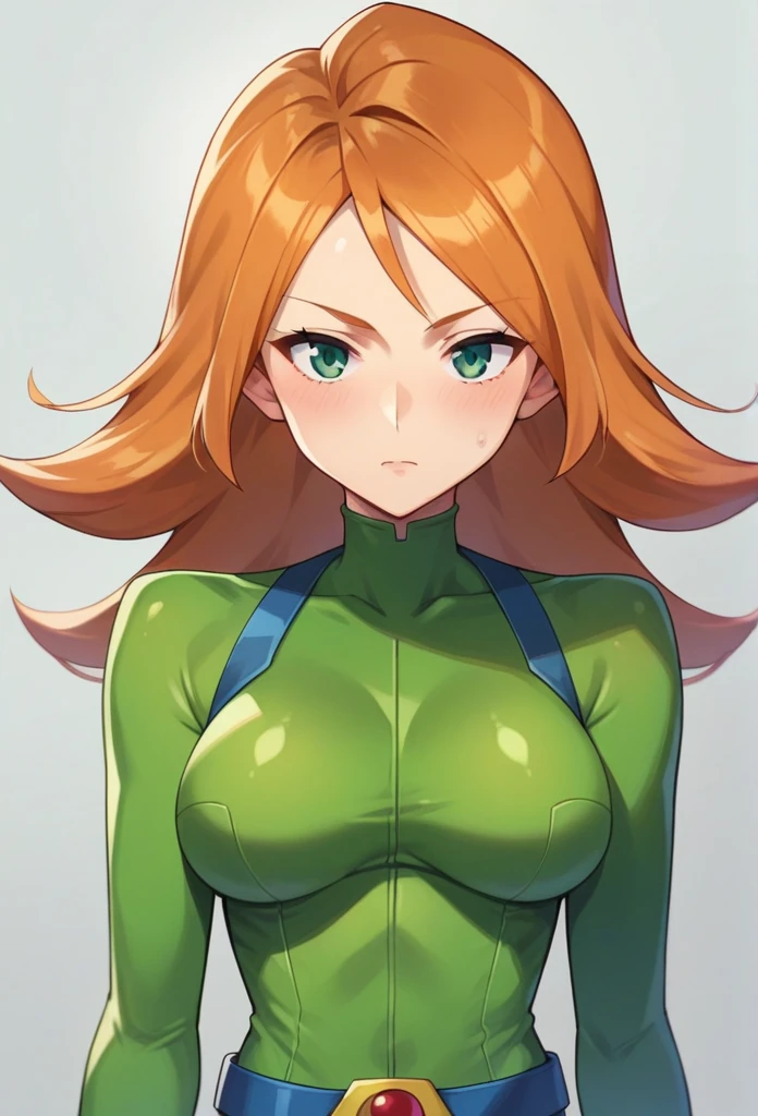 score_9, score_8_up, score_7_up, score_6_up, score_5_up, score_4_up, BREAK source_anime, 1girl, sam \(totally spies\), orange hair, long hair, green eyes, green bodysuit, belt, blush, expressionless, fall, blurry foreground 