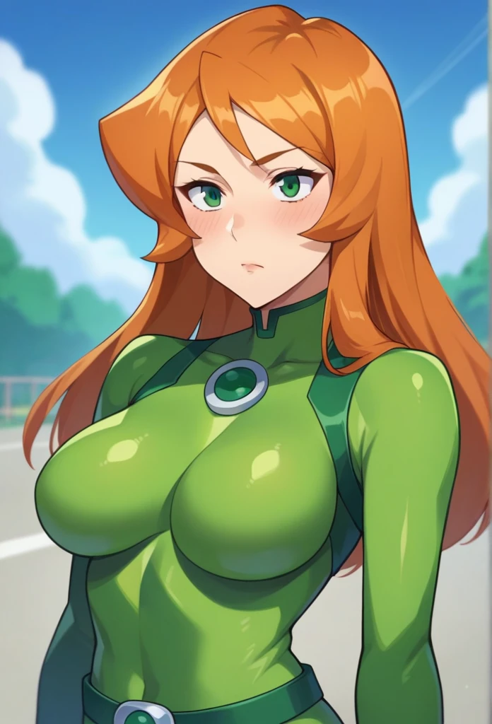 score_9, score_8_up, score_7_up, score_6_up, score_5_up, score_4_up, BREAK source_anime, 1girl, sam \(totally spies\), orange hair, long hair, green eyes, green bodysuit, belt, blush, expressionless, fall, blurry foreground 