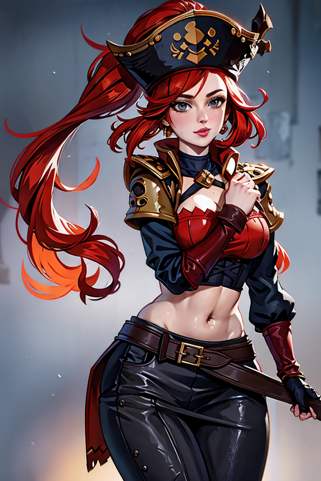 8K quality, ginger woman with freckles,Lovely and beautiful Fas,frekles 2,Red hair,double tails, Practical pirate clothing, (Long-sleeved pirate top), Skirt,Torn pirate hat, view the viewer, fantasy, Cinematic lighting,Masterpiece,Extremely beautiful young lady，perfect body figure，Proud of your figure，Nice face，Correct human dissection