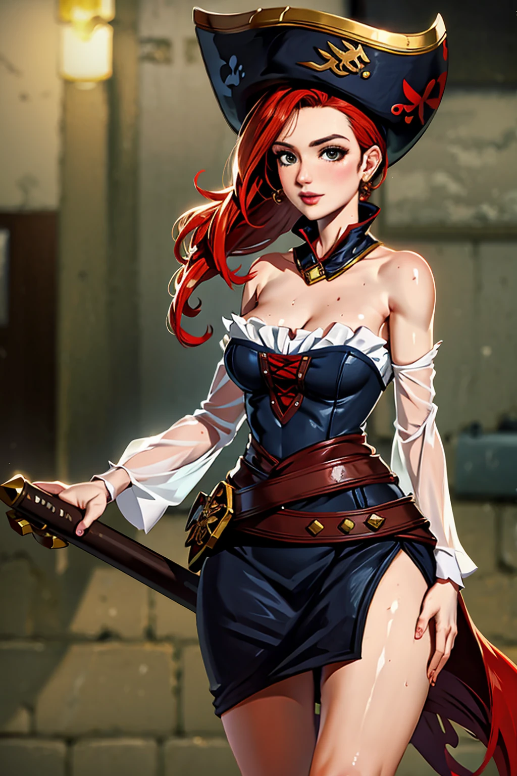 8K quality, ginger woman with freckles,Lovely and beautiful Fas,frekles 28 year old,Red hair,double tails, Practical pirate clothing, (Long-sleeved pirate top), Skirt,Torn pirate hat, view the viewer, fantasy, Cinematic lighting,Masterpiece,Extremely beautiful young lady，perfect body figure，Proud of your figure，Nice face，Correct human dissection