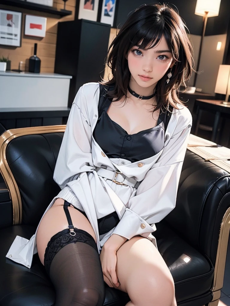 a beautiful androgynous individual, detailed facial features, feminine yet masculine allure, lean toned body, dynamic posture, tanned skin, french braid hairstyle, choker necklace, open-toe high heels, black pantyhose and stockings, garter belt, curvy yet slender silhouette, goddess-like aesthetic, femboi with chastity belt, best quality,4k,8k,highres,masterpiece:1.2,ultra-detailed,realistic,photorealistic,photo-realistic:1.37,HDR,UHD,studio lighting,ultra-fine painting,sharp focus,physically-based rendering,extreme detail description,professional,vivid colors,bokeh,portraits,concept artists