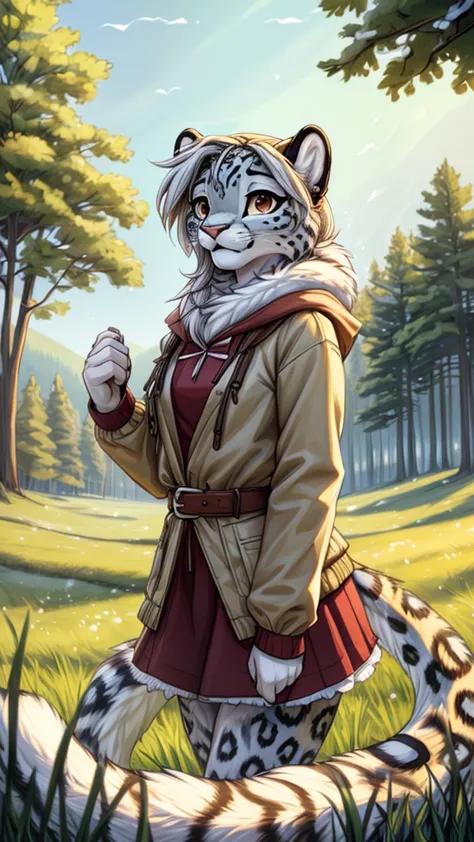 (very detailed illustration: 1.2), best quality, masterpiece, solo, natural lighting, an young anthro female snow leopard with b...