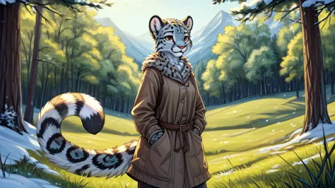 (very detailed illustration: 1.2), best quality, masterpiece, solo, natural lighting, an young anthro female snow leopard with b...