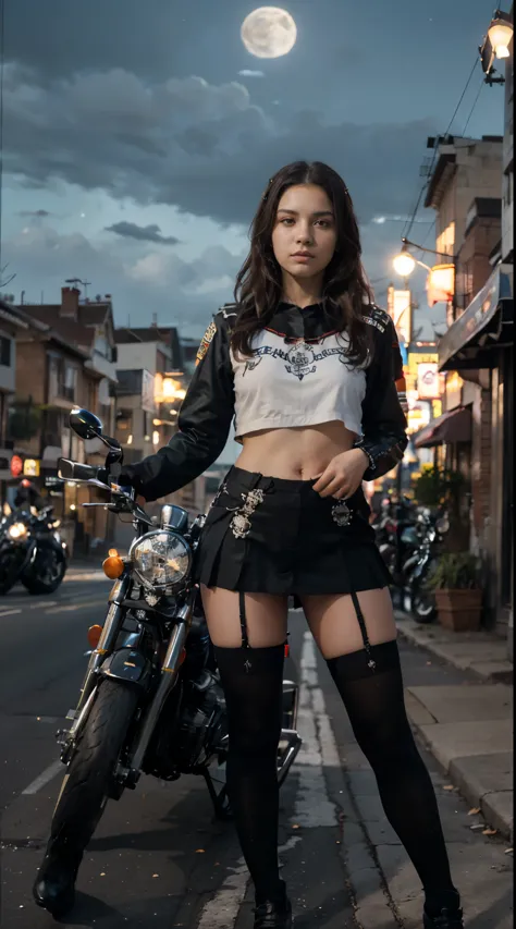 17-year-old Waifu  posando na frente de uma motocicleta futurista, the motorcycle has skulls and blue flames highly detailed 3D graphics, night scenery with full moon in the background, she is wearing a  Uniform with 3D skulls and flames and Sailor Miniskirt, Pantyhose , HDR, epic realism, high-octane rendering, obra de arte,