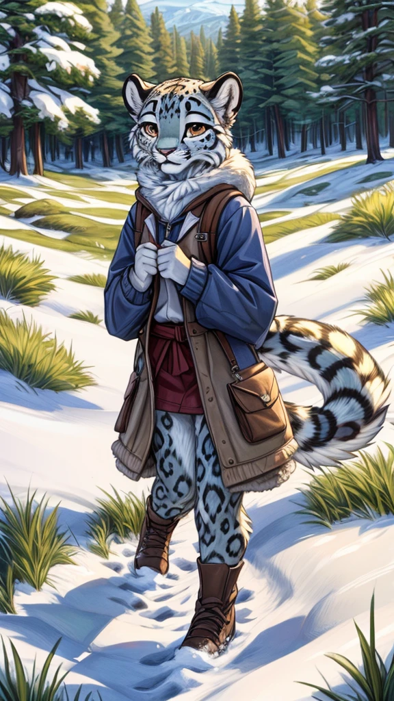 (very detailed illustration: 1.2), best quality, masterpiece, solo, natural lighting, An young anthro female snow leopard with brown eyes, she has snow leopard fur un all her body, she is dressed in casual clothes, she is in an open field, there is green grass everywhere, she is in a forest, there are trees behind her and everywhere, portrail 