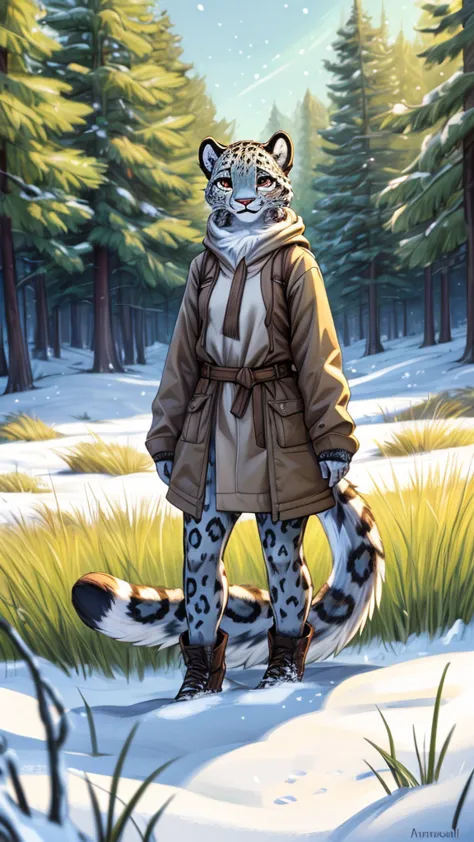 (very detailed illustration: 1.2), best quality, masterpiece, solo, natural lighting, an young anthro female snow leopard with b...