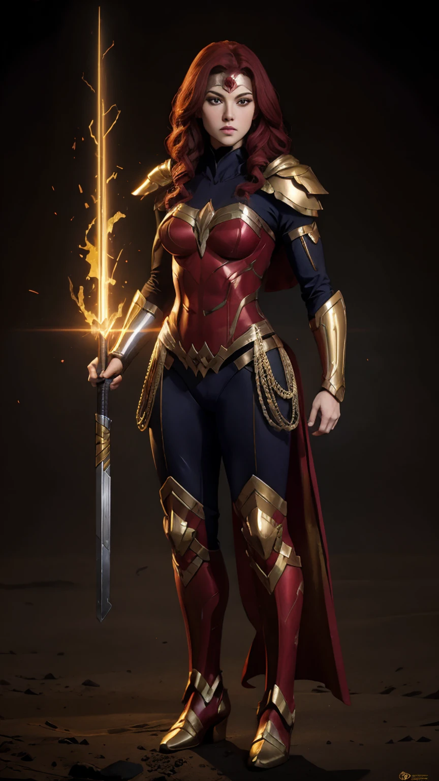 ((full body photo, standing, Feet on the ground)) Wonder Woman A red-haired male warrior with yellow eyes wearing black and gold Supergirl armor, bottomless
