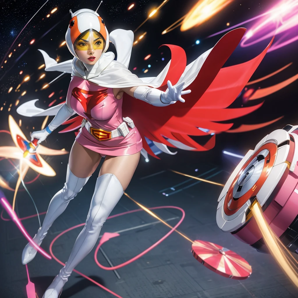 ANI_CLASSIC_jun_gatchaman_ownwaifu,1girl, 15yo,good anatomy, masterpiece, best quality,realistic, hyper realistic, 16k hdr, long hair,breasts,lips,large breasts,lipstick,makeup,gloves,cape,helmet,belt,elbow gloves,white gloves,mask,ultra miniskirt,leotard,spacesuit,white tight overknee highheels boots,pink dress,superhero,bodysuit,cleavage,erected nipples,(fighting poses),cameltoe