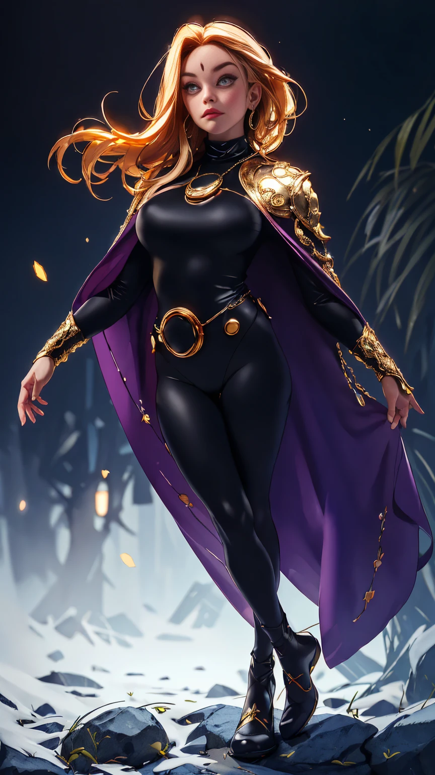 ((Full body photo, standing, feet on the floor)) 1girl, cowboy shot of rvn, hotraven, pale skin, black leotard, turtleneck, tights, cape, glowing eyes, gold belt, jewels, medallion, athletic, looking at viewer, night, dark forest, mist, fog, volumetric lighting, best quality, masterpiece, intricate details, tonemapping, sharp focus, hyper detailed, realistic