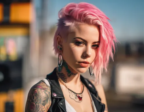 young adult woman 22 years realistic, sexy with medium tits, modern punk style similar to harley quien, with long blonde and a l...