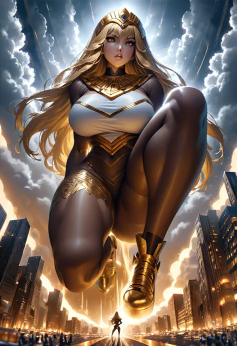 giantess, white egyptian goddess clothing, gold high heels, toned and athletic body, massive strength, really big breasts, gold ...