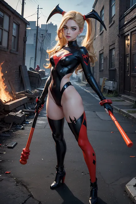 ((full body photo, standing, feet on the floor))  harley quinn, sexy woman, holding a baseball bat with both hands, dc comics,sm...