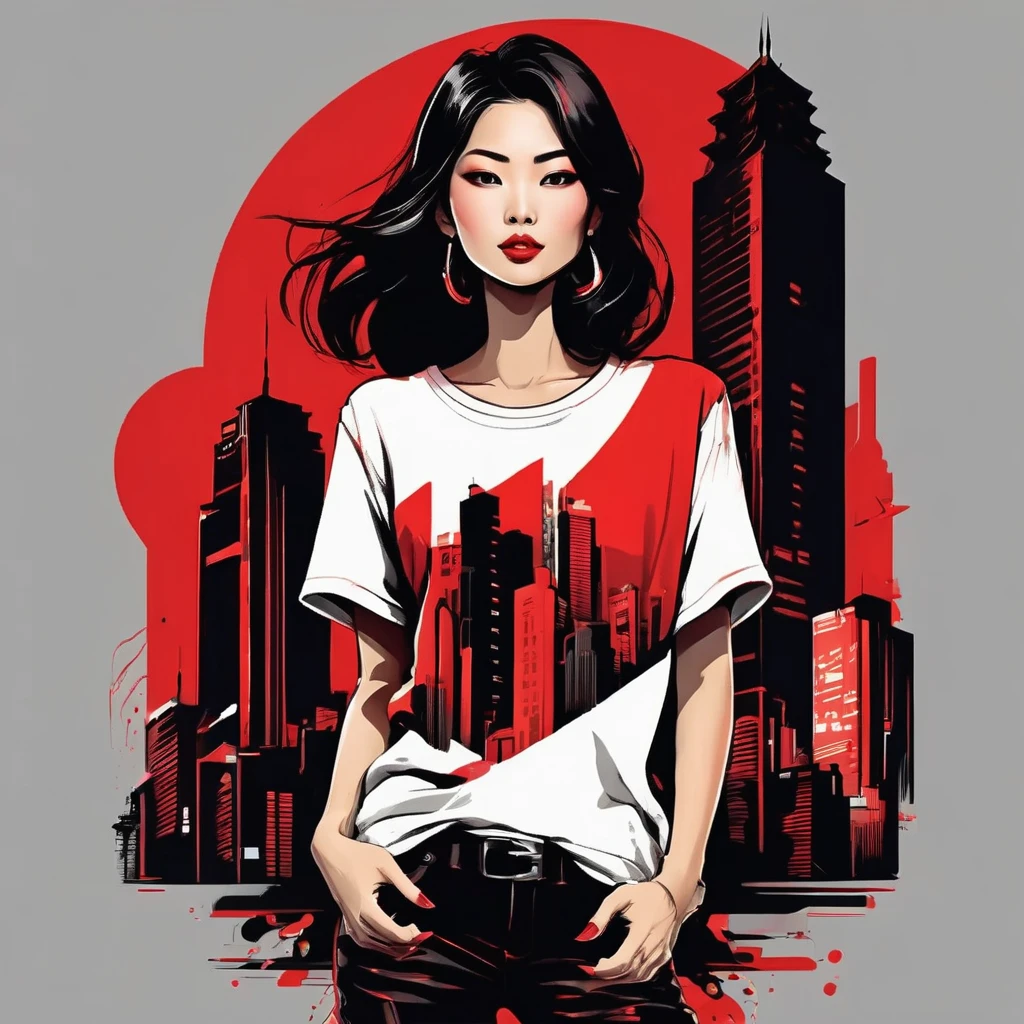 Fashion T-shirt, Super attractive Asian female characters, Nightlife cityscape, Bold red and black color palette, Silky hair texture, contemporary illustration style, Glamorous Perspective T-shirtDesignAF