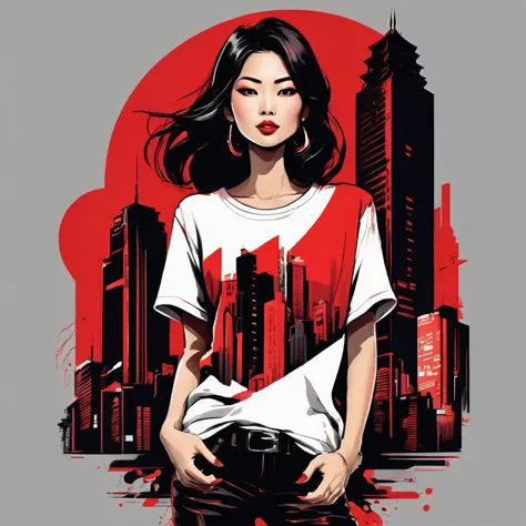 fashion t-shirt, super attractive asian female characters, nightlife cityscape, bold red and black color palette, silky hair tex...