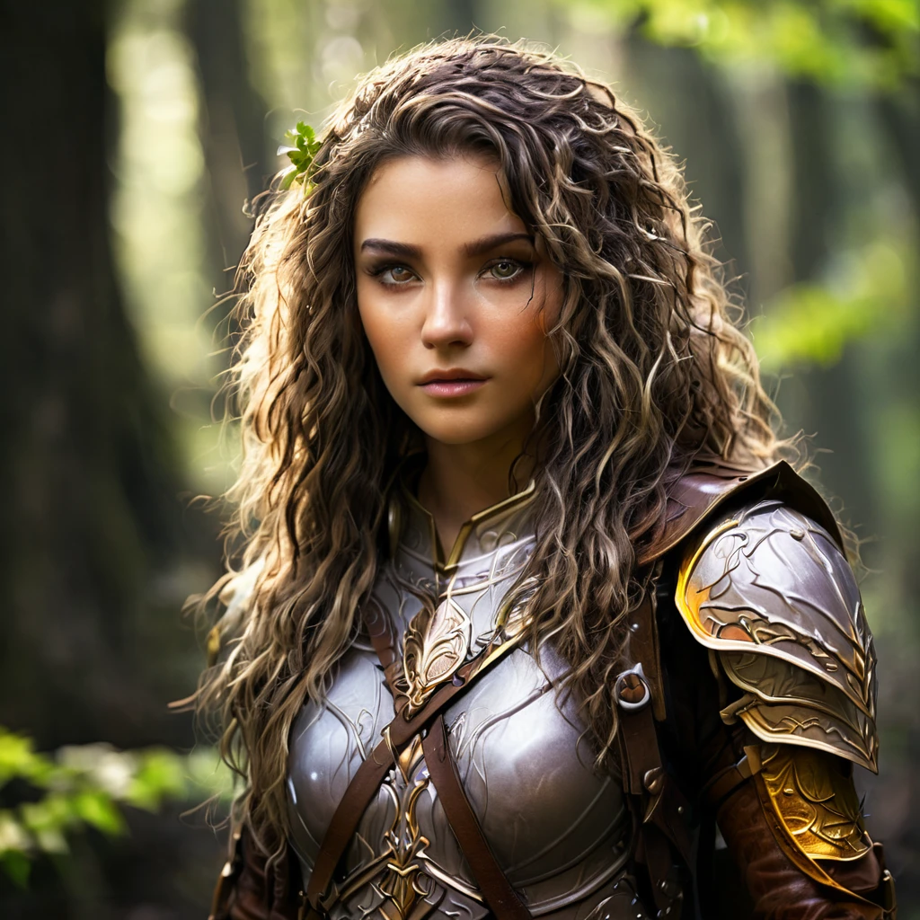 Elf female with dark curly short hair, eyes with amber colors, golden skin. She is a druid, using a very light leather armor and a wooden shield