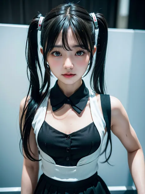 40-year-old Japanese woman、Black Hair、Hair is very short、Twin tails、Hatsune Miku Costume、Headphones、Flat Chest、Realistic photos、...