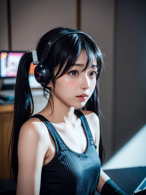 40-year-old Japanese woman、Black Hair、Hair is very short、Twin tails、Hatsune Miku Costume、Headphones、Flat Chest、Realistic photos、...