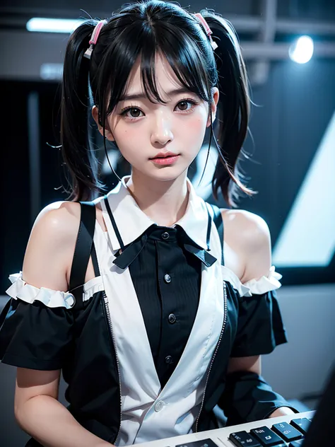 40-year-old Japanese woman、Black Hair、Hair is very short、Twin tails、Hatsune Miku Costume、Headphones、Flat Chest、Realistic photos、...