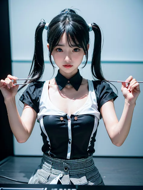 40-year-old Japanese woman、Black Hair、Hair is very short、Twin tails、Hatsune Miku Costume、Headphones、Flat Chest、Realistic photos、...