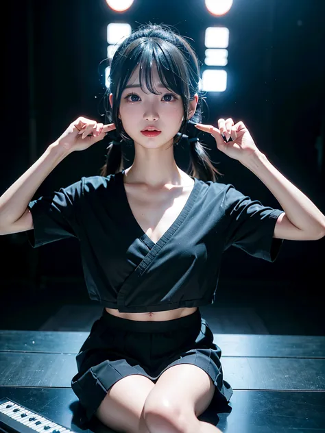 40-year-old Japanese woman、Black Hair、Hair is very short、Twin tails、Hatsune Miku Costume、Headphones、Flat Chest、Realistic photos、...