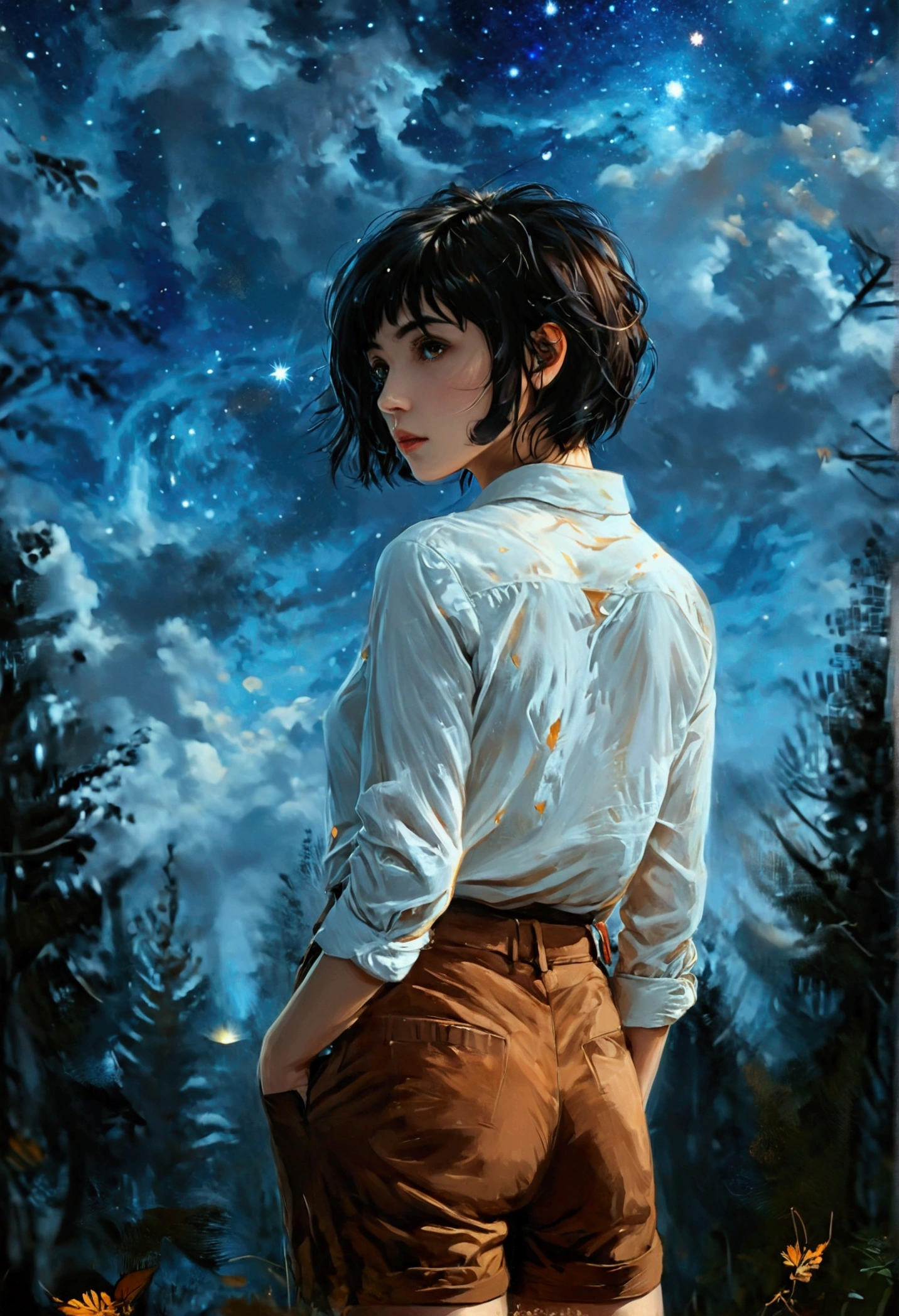 1 girl, (wearing white shirt and brown pants), (short pixie hair style), (black hair), (back view), (looking away from viewer), (full body portrait), (wearing brown shoes), (girl small against the background), (big sky above girl), (girl in forest looking toward the dark night sky), masterpiece, dark blue tones，Overall Top，illustration，dark blue-sky，light wind，Cross the sky from bottom to top，Bright stars, dark sky with stars, 