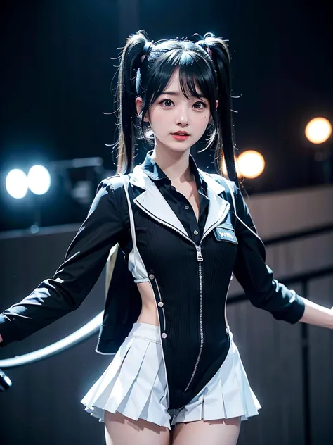 40-year-old Japanese woman、Black Hair、Hair is very short、Twin tails、Hatsune Miku Costume、Headphones、Flat Chest、Realistic photos、...