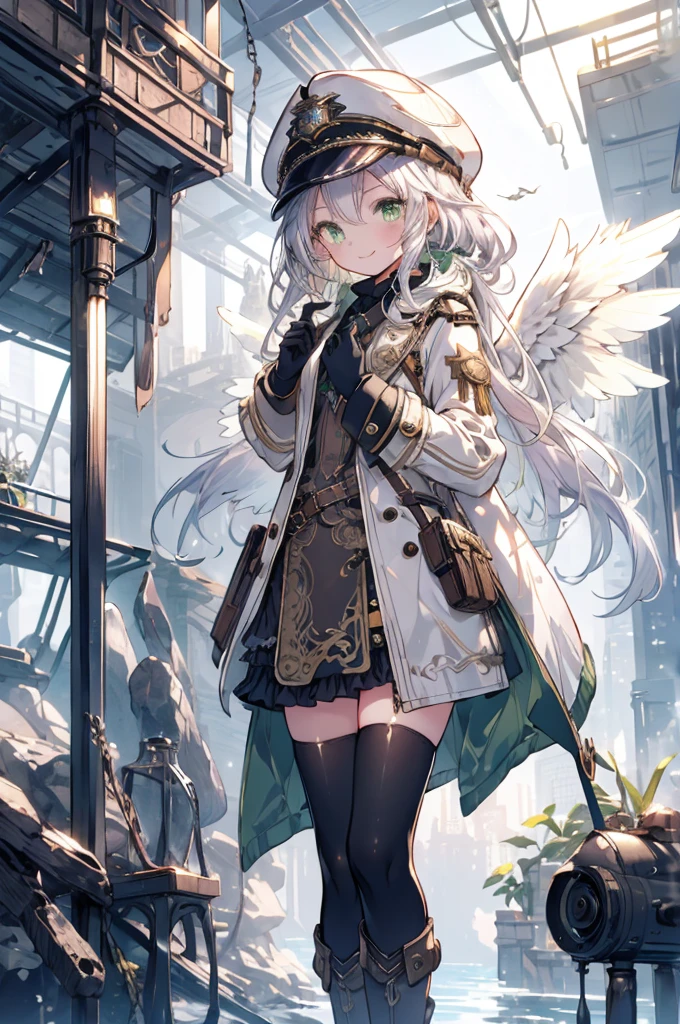 One girl, (masterpiece), Highest quality, Silver Hair, Semi-long hair, Green Eyes, smile, (low length), (Young), Steampunk costumes, Put on a white coat, Magical atmosphere, White Wings, Newsboy cap with goggles, High resolution