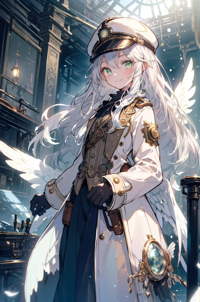 One girl, (masterpiece), Highest quality, Silver Hair, Semi-long hair, Green Eyes, smile, (low length), (Young), Steampunk costumes, Put on a white coat, Magical atmosphere, White Wings, Newsboy cap with goggles, High resolution