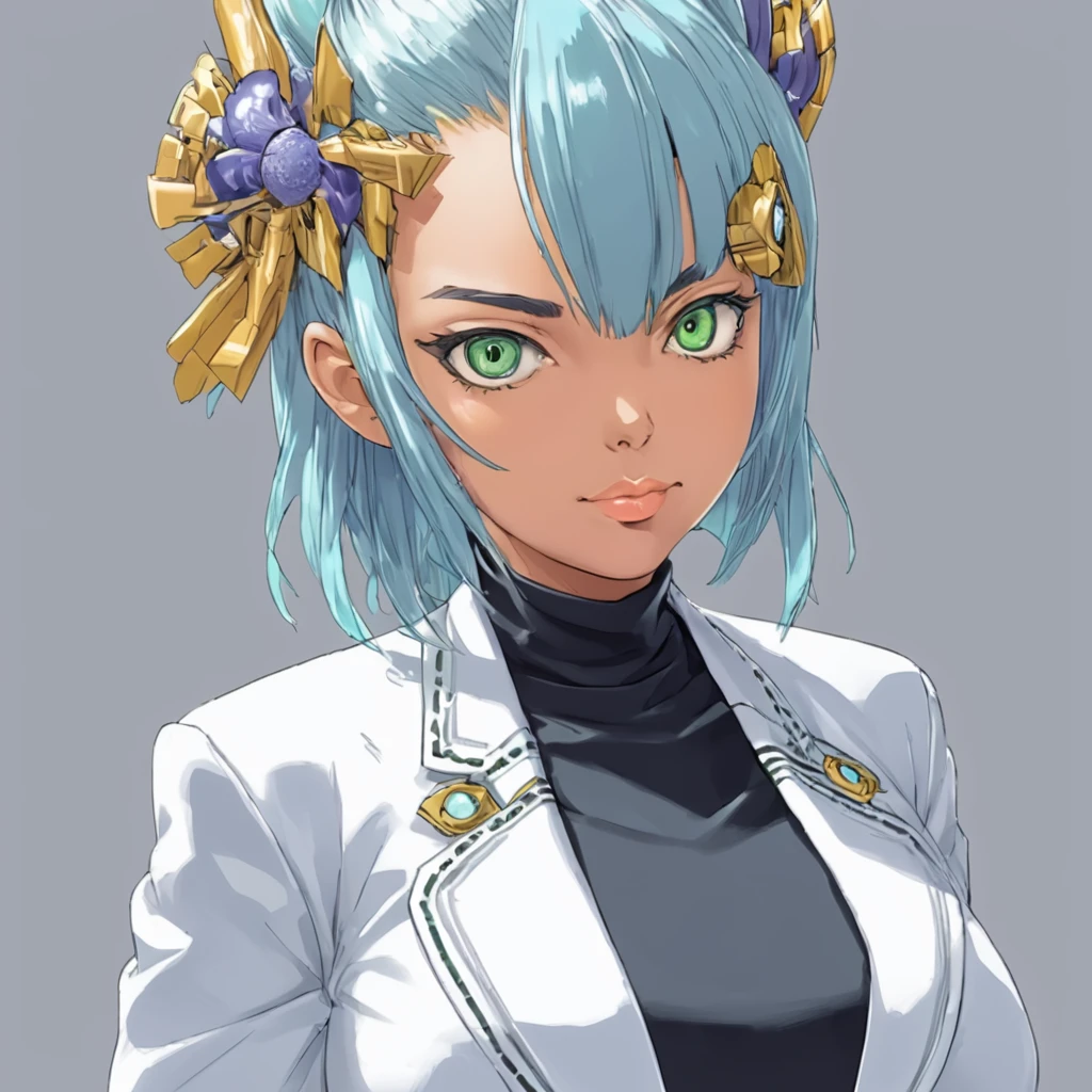 Mikumari \(Xenoblade\)masterpiece, Highest quality, ((1 person)),Blue Hair,Green Eyes,Serious expression, smile,Upper Body,Line art,Medium Hair,White blazer,black t-shirts,Big Breasts,Expressionless eyes,((Kubo Obito Style))
Detailed face, Face Focus, Are standing, Black Hair,(hair ornaments:1.35),office lady, Sleeves edged with ribbon, Removable sleeves, Ribbon trim, Wide sleeves, (View your viewers:1.5) Long Hair, Iris, bangs, lips,