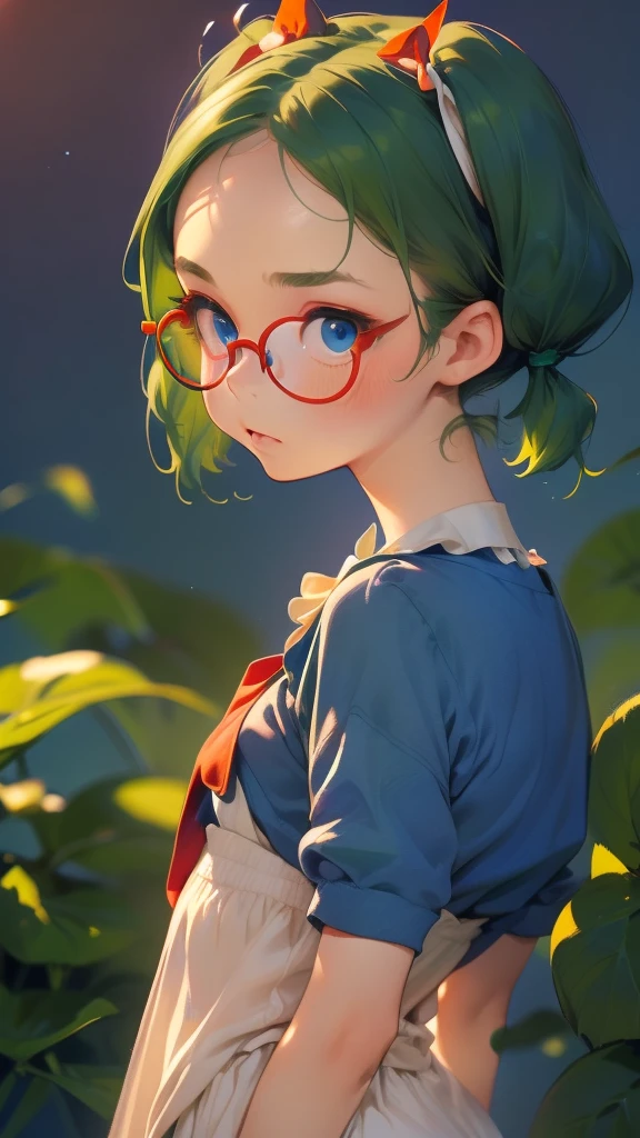 (Highest quality),(Realistic:1.36), (Realistic), Very detailed, One Girl, Flat Chest，Very short stature，Very small ass，Very thin limbs，(((Deep blue eyes), (Bright green hair, short hair, amount, Small pigtails), (Red-rimmed round glasses))), Up to the pussy、Front lighting,White panties，