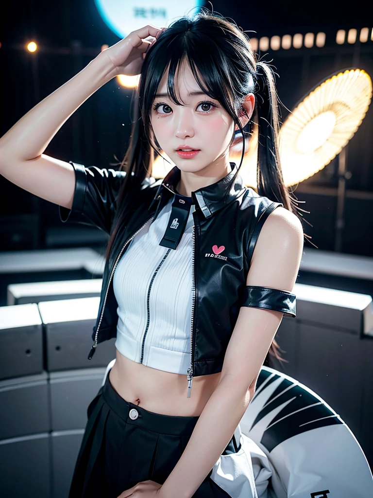 40-year-old Japanese woman、Black Hair、Hair is very short、Twin tails、Hatsune Miku Costume、Headphones、Flat Chest、Realistic photos、Realistic、8K quality、expensive、No bangs、High resolution, Highest quality, Anatomically correct, Winner of numerous awards, Ultra high definition, Live Performance Venues、Playing the drums