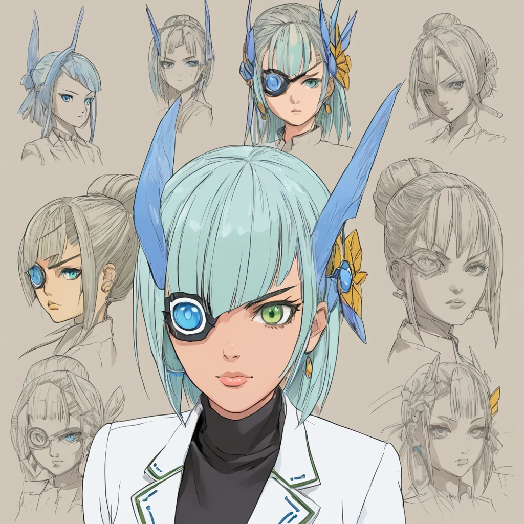 Mikumari \(Xenoblade\)masterpiece, Highest quality, ((1 person)),Blue Hair,Green Eyes,Serious expression, smile,Upper Body,Line art,Medium Hair,White blazer,black t-shirts,Big Breasts,Expressionless eyes,((Kubo Obito Style)) Detailed face, Face Focus, Are standing, Black Hair,(hair ornaments:1.35),office lady, Sleeves edged with ribbon, Removable sleeves, Ribbon trim, Wide sleeves, (View your viewers:1.5) Long Hair, Iris, bangs, lips,