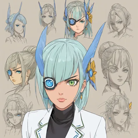 mikumari \(xenoblade\)masterpiece, highest quality, ((1 person)),blue hair,green eyes,serious expression, smile,upper body,line ...