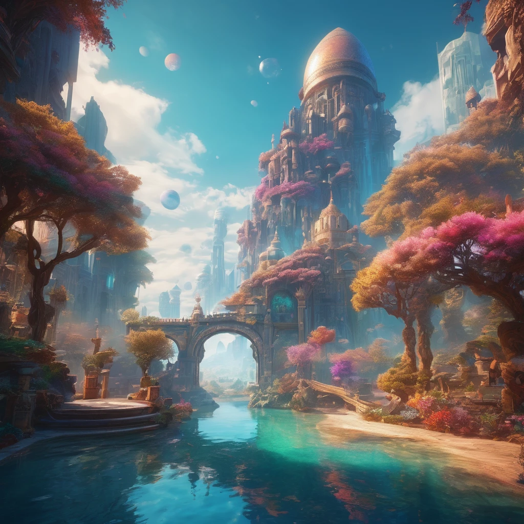 beautiful fantasy landscape, mirage, eternal love, ethereal, highly detailed, intricate, ornate, dynamic composition, cinematic lighting, vibrant colors, dreamlike atmosphere, photorealistic, 8k, masterpiece