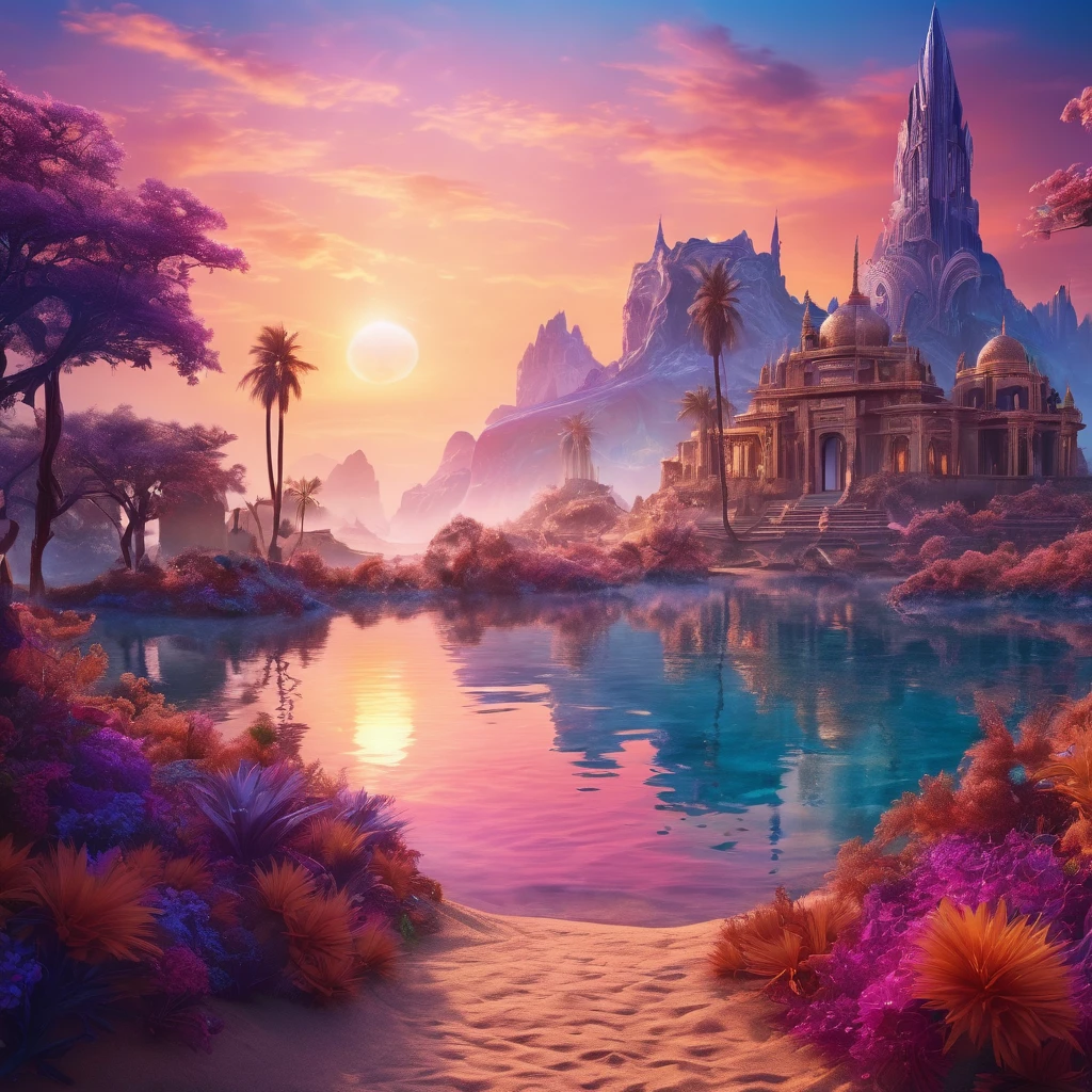 hermoso paisaje de fantasía, espejismo, amor eterno, etéreo, muy detallado, Intrincado, florido, composición dinámica, iluminación cinematográfica, Colores vibrantes, atmósfera de ensueño, Fotorrealista, 8K, obra maestra