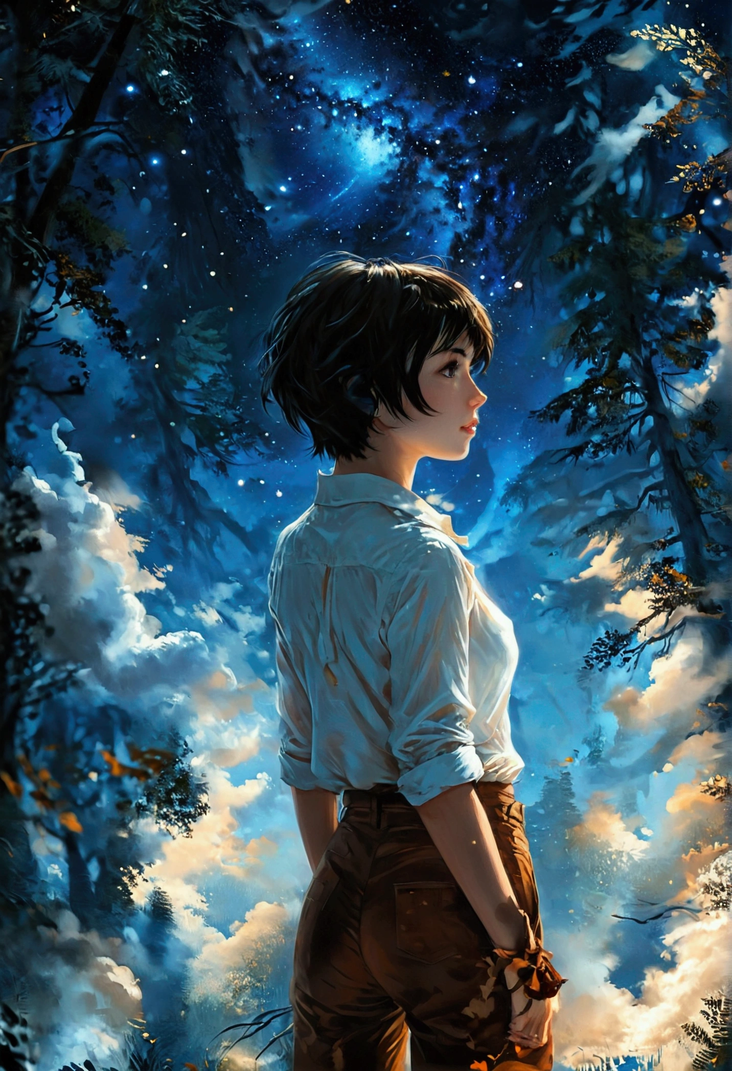 1 girl, (wearing white shirt and brown pants), (very short pixie hair style), (black hair), (rear view), (looking away from viewer), (((full body portrait))), (wearing brown shoes), (girl small in forground), (big sky above girl), (girl in forest looking toward the dark night sky), masterpiece, dark blue tones，illustration，dark blue-sky，light wind，Cross the sky from bottom to top，Bright stars, dark sky with stars, 