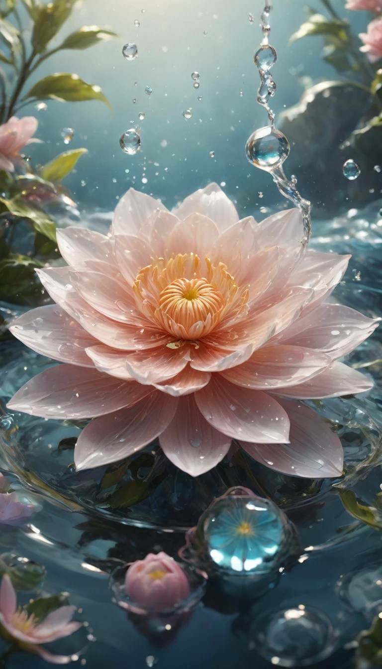 (((Exquisite detail:1.4))), (((Very crazy details:1.4))),(((Highest quality:1.3))), (((Soft color 4K high resolution digital art:1.3))). | Close-up of delicate water splashes forming a magical flower, Water splashes reflect light, Each splash is meticulously painted、It is expressed by a magnificent gouache technique..,I was enveloped in a mysterious atmosphere of light and shadow art.., Water splashes everywhere, Great environment, Subtle lighting,Fantasy Art Behance,Surreal, Capturing its beauty and strength,Create a solemn atmosphere.